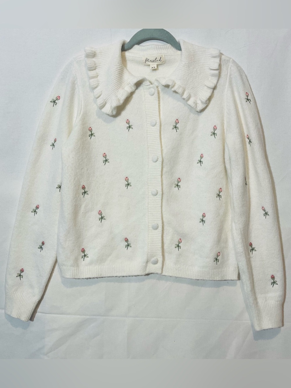 Marled Cream Ruffled Collar Knit Cardigan